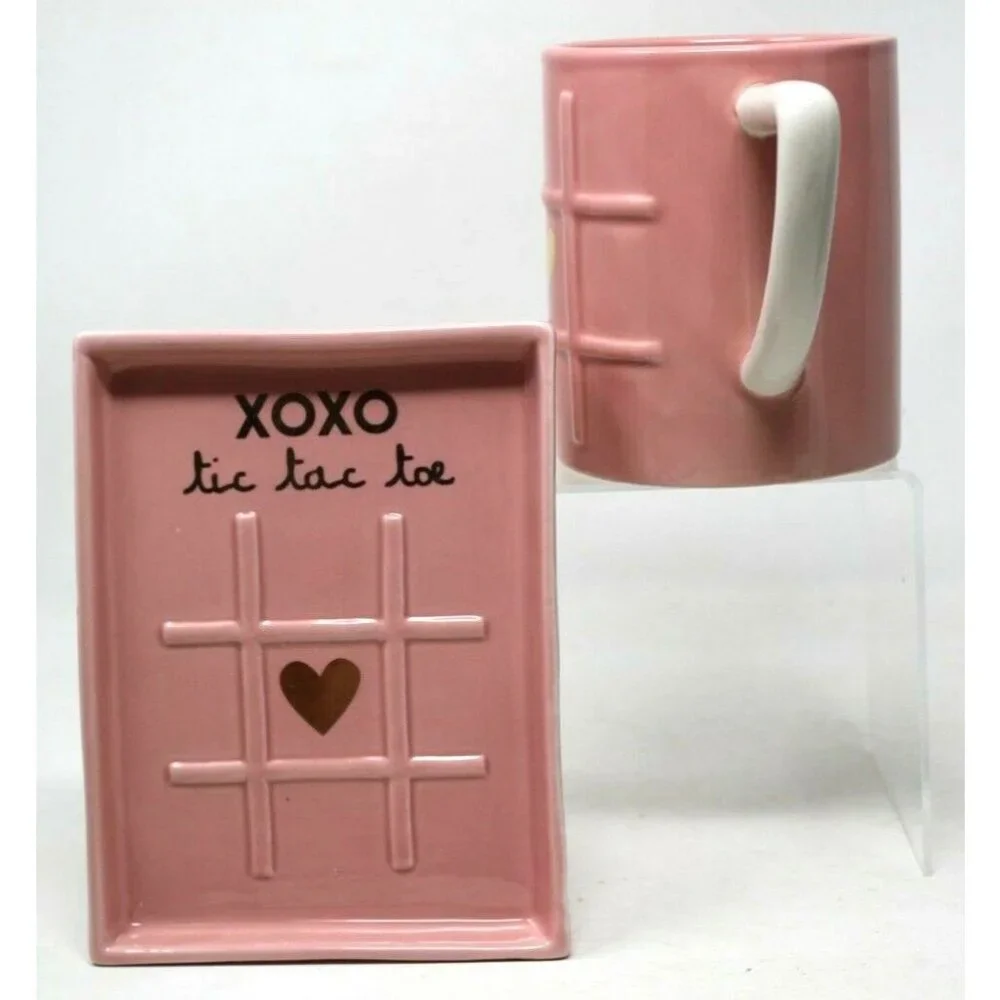 NEW MAGENTA Pink XOXO Tic Tac Toe Mug Coffee Cup & Tray Love Valentine RARE S2